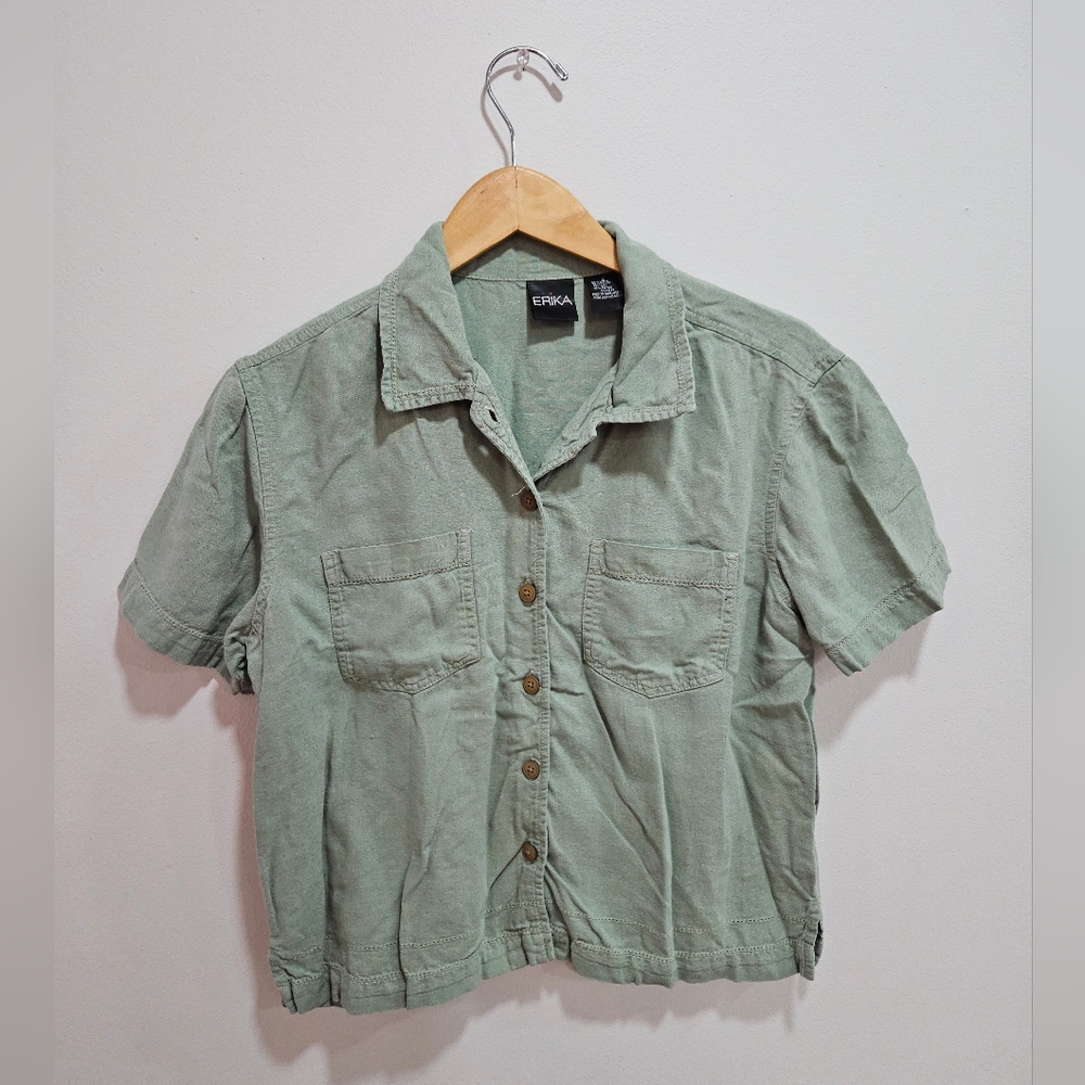 ERIKA GREEN LINEN BUTTON DOWN SHIRT SIZE SMALL